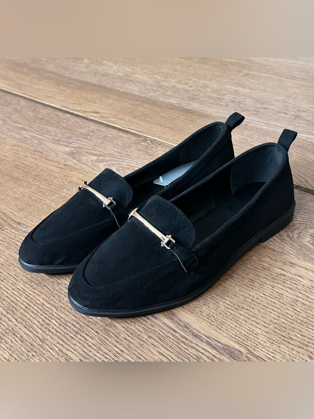 Women's Black Suede Loafers with Gold Accent Size 11
